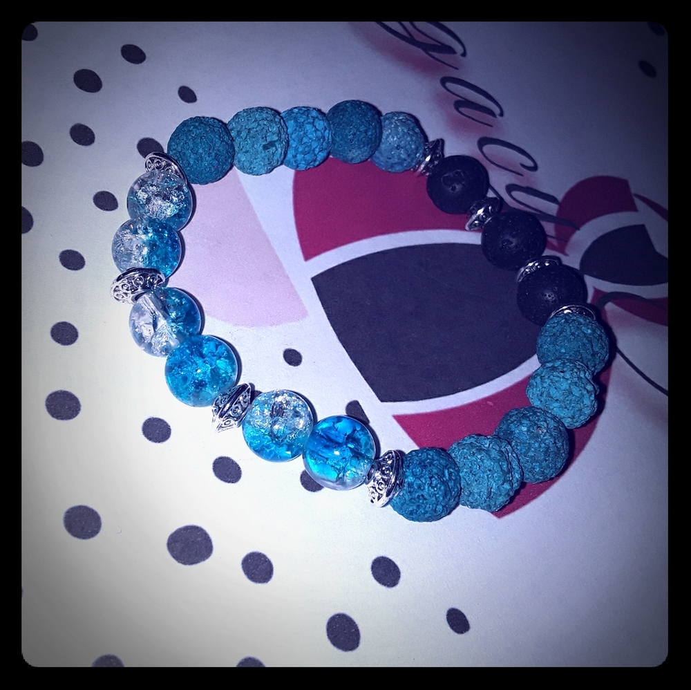 Blue Cracked Crystal Lava Bead Bracelet